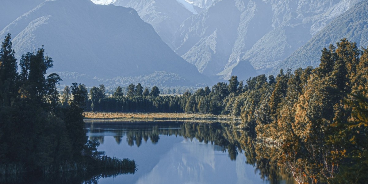 A wide panoramic view of the picturesque West Coast of New Zealand, surrounded by lush green forests that stretch along the horizon