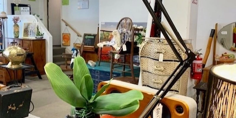 A display of donated furniture pieces and other decorative items at The Collective's boutique store