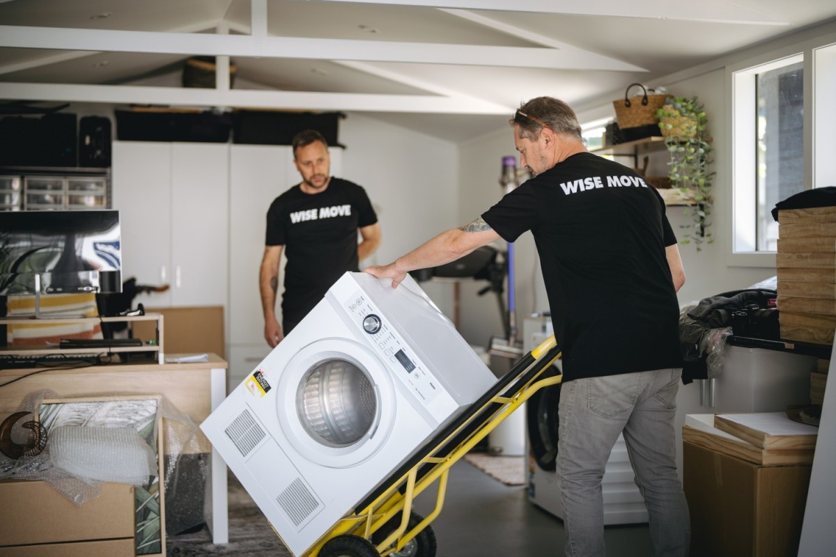 Two movers helping each other move a washer from the owner's old house to a new one