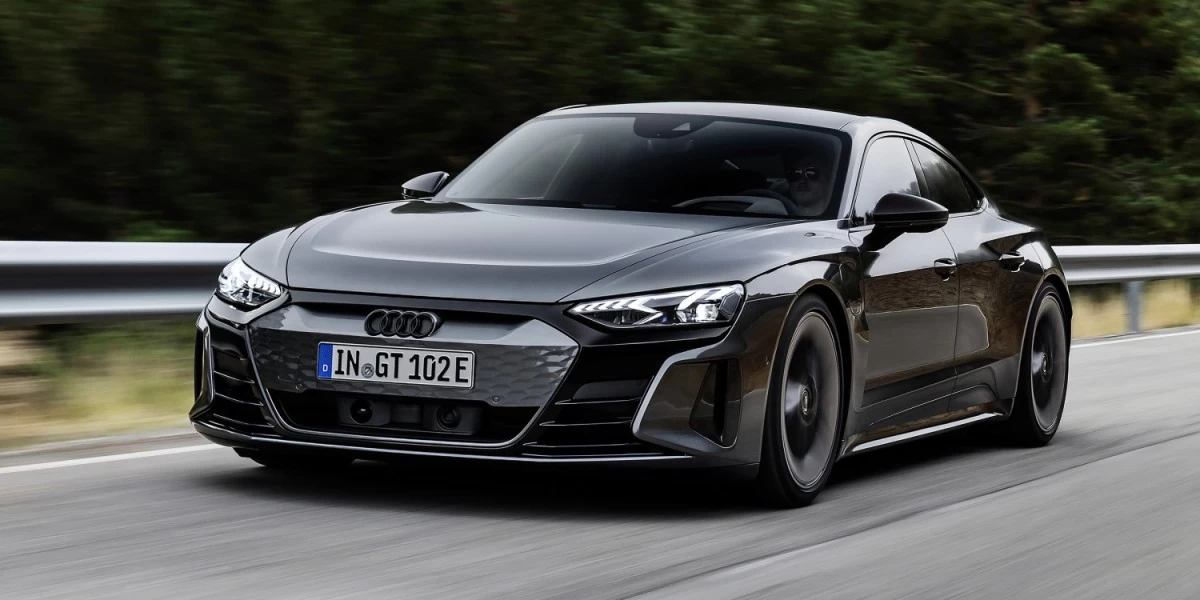 A black Audi e-tron GT Quattro, a full electric luxury sports car and one of the most advanced and desirable EVs available in the New Zealand market