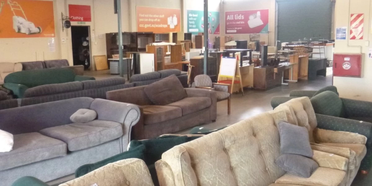 Second-hand couches with various colors and designs, displayed at EcoShop in Christchurch