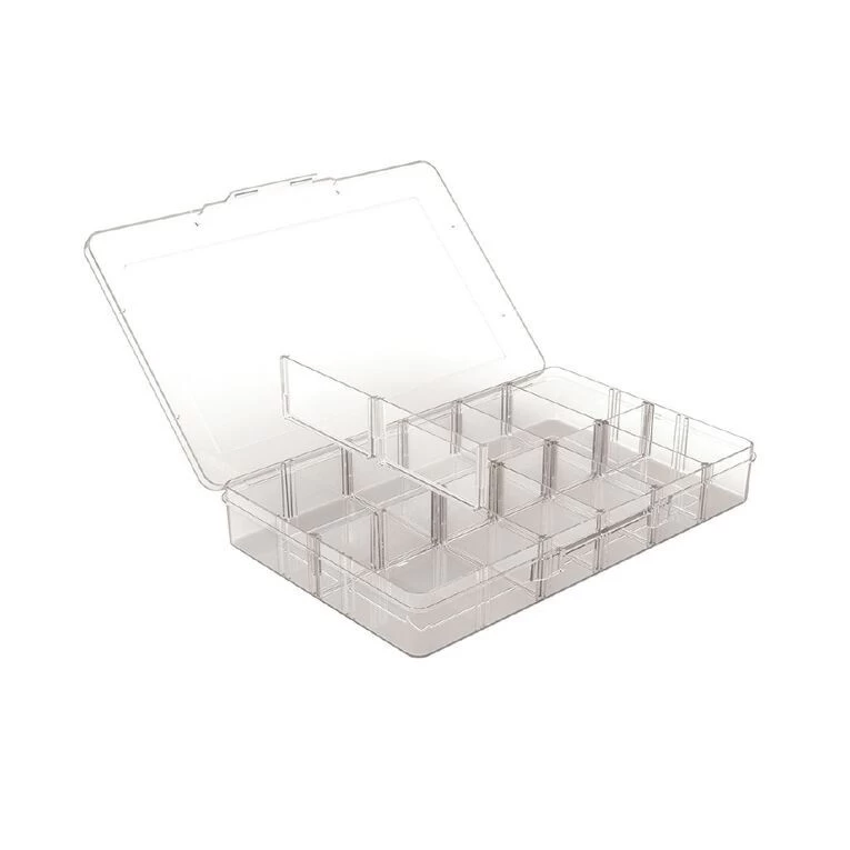 An empty transparent 12 compartment storage box for organizing small items