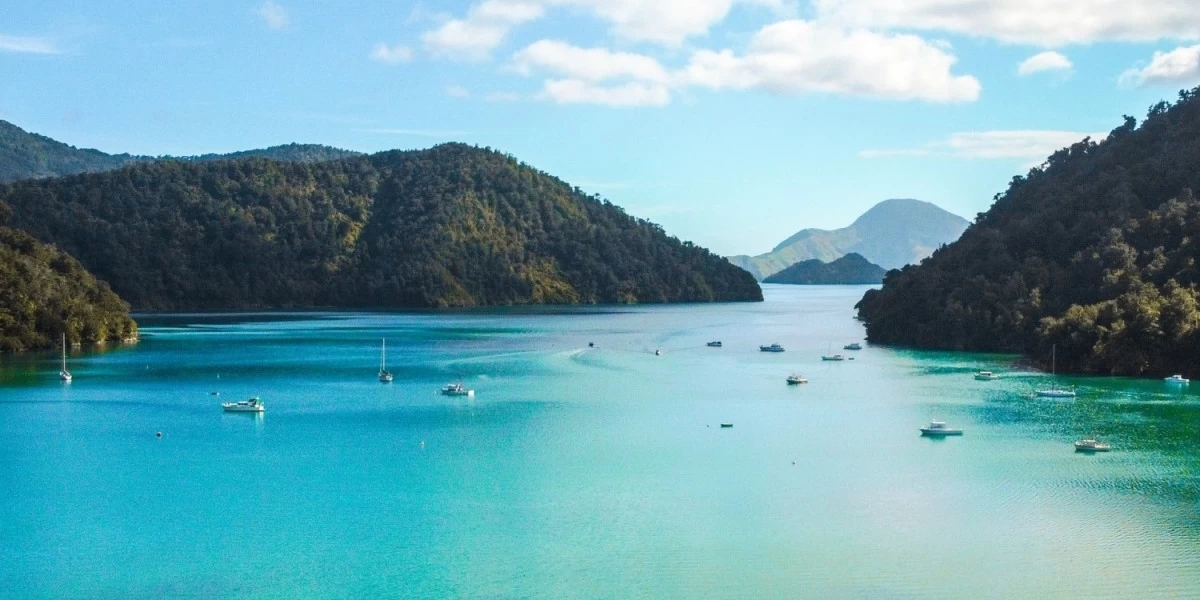 View of Marlborough Sounds, a scene of glittering blue waters nestled between lush green hills making this picturesque spot an idyllic place to live and retire in New Zealand