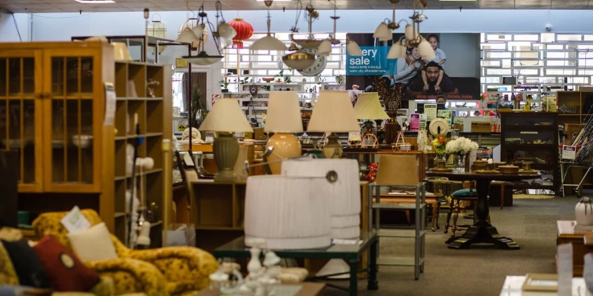 Display of secondhand furniture, trinkets and home goods in ReStore, Dunedin's best second-hand store.