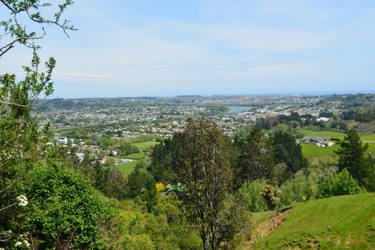 Whanganui shows a brightly coloured panorama of the cityscape against a clear blue sky. 