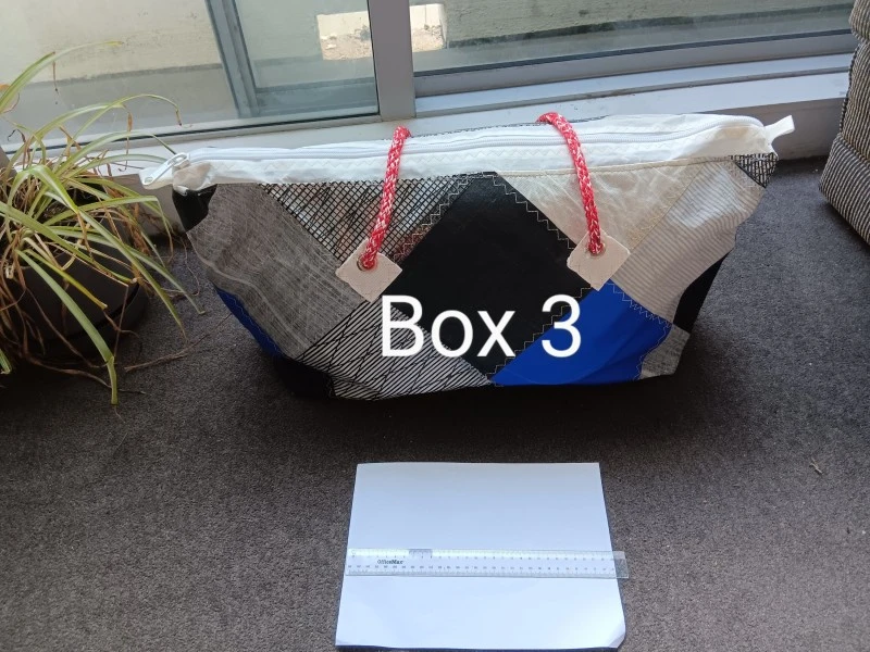 Box 1. Transparent small box, Box 2. Shoe box, Box 3. White cloth bag,...