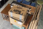 King single bed, Plastic storage boxes (3), Stackable table set, Cardb...