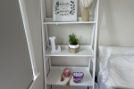 Queen bed, Ladder bookshelf, Cabinet