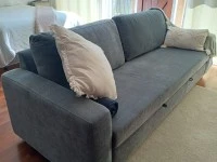 Queen bed, Couch, Small table, Desk