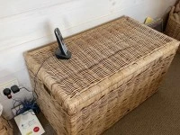 Double mattress Foam Rollable, Draws, Cane basket With items inside, C...