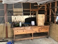 Outdoor Table and bench chairs, Workbench, Bookshelf, Cabinet 1/2, Cab...