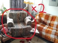 Double Bed, Sofa, Armchair x2, Dining Table, Dining Chairs x4