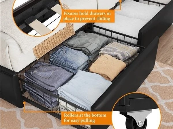 Queen Size Bed Frame with 4 Storage Drawers and USB Ports