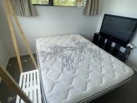 Queen size bed, Bags on clothes, Tv