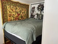 Queen Bed, Drawers, sofa, medium fridge