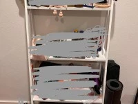 Double bed and frame, Kmart 4-tier shelf, Kmart single drawer nightsta...