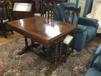 Oak jacobean twist extension table, 6 dining chairs