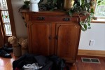 Chest of drawers, Two flax chairs light, 4 x paintings, Wooden chest, ...