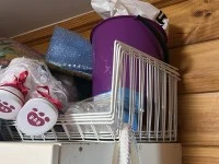 Desk, Picture, Fan, Plant, 2 x Boxes of stuff, Kitchen pots and pans -...