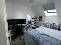 Double bed base, Desk, Double bed, Golf clubs, Mountain Bike