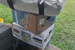 Tent, Large Wooden box, 3x banana boxes