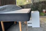 Double bed, Dining table, Small outdoor table and two chairs