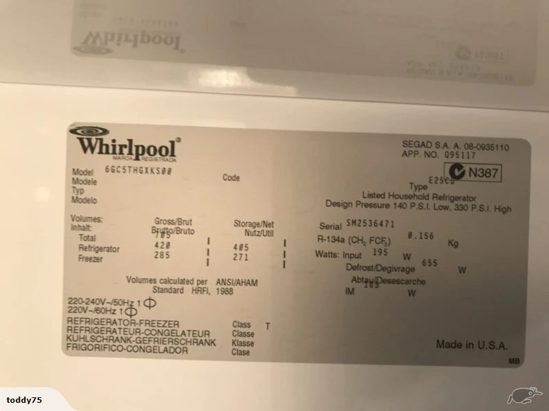 Whirlpool, side by side 676 litres $1 res.