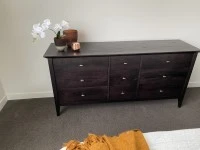 Table and Bedroom chest of drawers, Bedroom lowboy chest of drawers