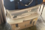 King single bed, Plastic storage boxes (3), Stackable table set, Cardb...