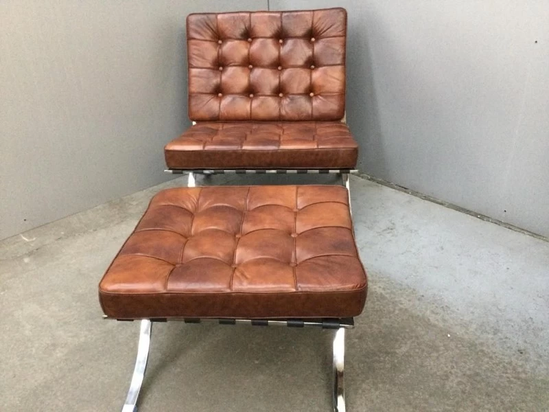 Barcelona Chair & Ottoman Brown Italian Distressed Leather Reproductio...
