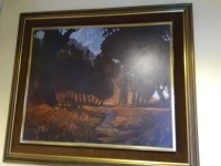 Framed Oil painting, Glass encased whalebone carving , free standing i...
