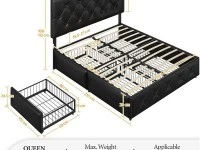 Queen Size Bed Frame with 4 Storage Drawers and USB Ports