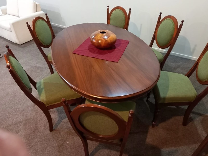 Oval NZ Kauri dining table and six chairs