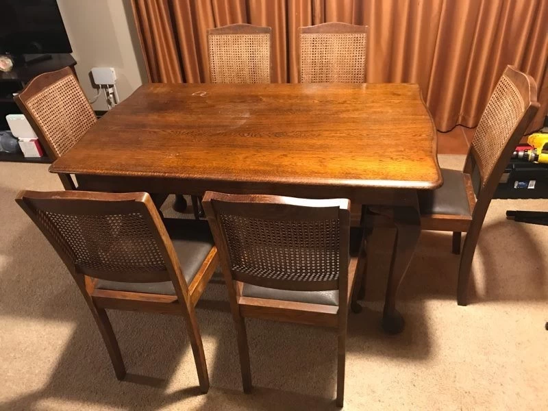 Antique oak dining table with 6 chairs good condition $1 reserve