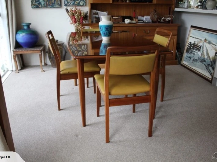 Mid Century Teak Dining Chairs x4 & Dinning Table Pin Legs, Glass Top ...