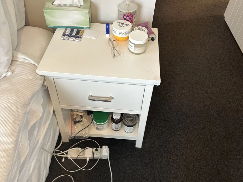 Double bed, Bedside table, Dresser, Small fridge, Desk, Computer chair...