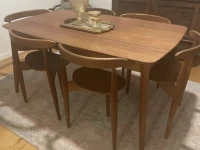 Dining table, Chairs x6 and stackable, Church pew