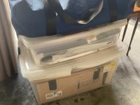 King single bed, Plastic storage boxes (3), Stackable table set, Cardb...