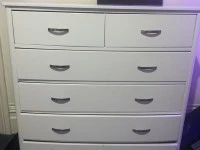 Tallboy drawers, Small bookshelf, Desk, Single mattress