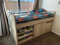Loft bed with desk, chair & storage