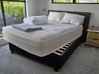 Queen bed, queen bed base, desk, chair, washing machine, eski, bed hea...