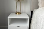 Queen bed, Queen base, Headboard, Side table, Side table, Lampshade, L...