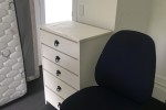 Queen bed, drawers, desk, office chair