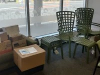 Plastic outdoor chairs x 3, Plastic footstools x 3, Boxes x 13