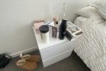 Queen bed, Small side table, Mirror