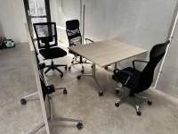 3 Folded meeting tables, 8 office chairs, White board frame