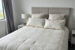 Queen bed, Queen base, Headboard, Side table, Side table, Lampshade, L...