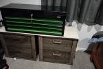 Queen bed with wooden head-board 1m high, base as long planks and foot...