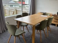Dining table and 6 chairs, Queen bed and base, Chest of drawers, Bedsi...