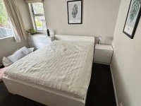 Queen bed, mattress and base, bedside drawers, desk, surf board, Micro...